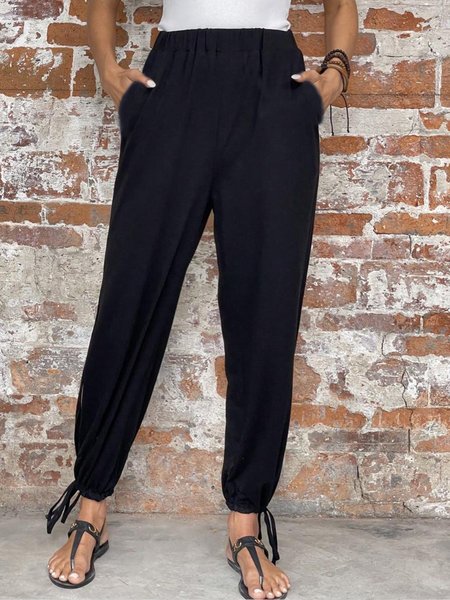 

Linen Plain Loose Casual Contrast Lace Split Thigh Knot Hem Pants, Black, Pants