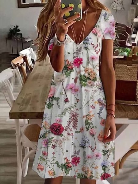 

V Neck Casual Floral Loose Dress, White, Dresses