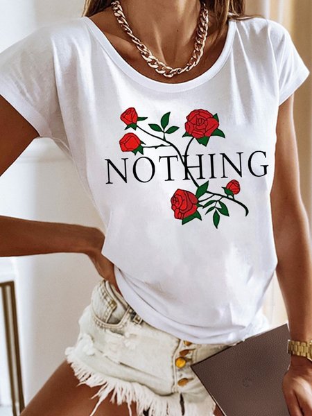 

Women's Nothing Flower Print Crew Neck Casual Letters T-Shirt, White, T-shirts