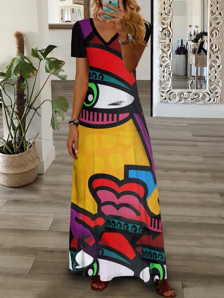 

Womens V Neck Loose Casual Abstract Dress, Yellow, Dresses