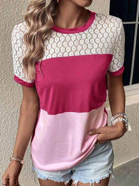 

Contrast Stitching Casual Regular Fit T-Shirt, Rose red, T-Shirts