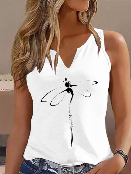 

Dragonfly Casual Notched Loose Tank Top, White, Tanks & Camis
