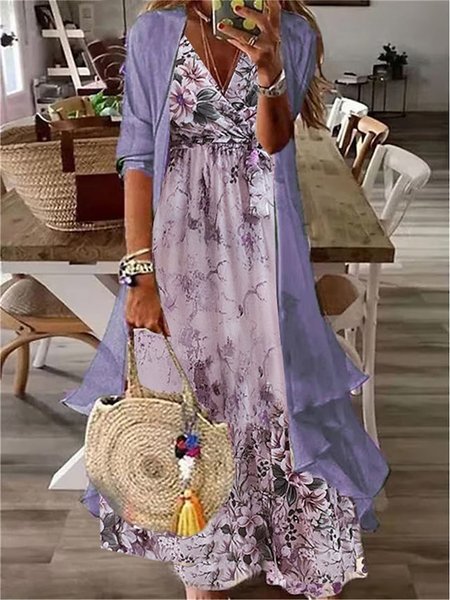 

Elegant Floral Chiffon V Neck Two-Piece Set, Blue purple, Suit Set