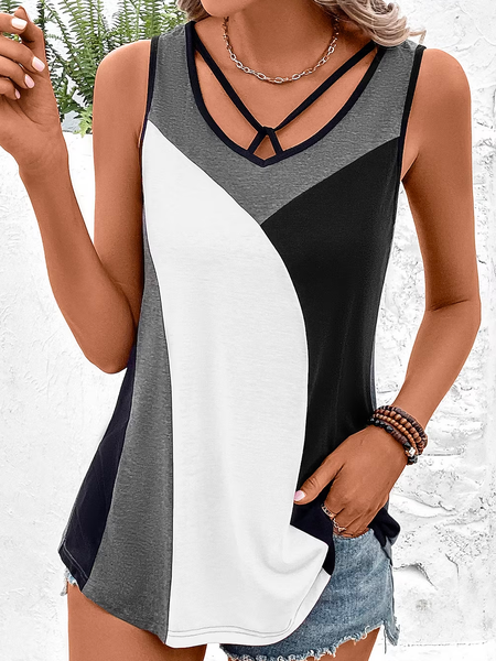 

Loose V Neck Color Block Casual Tank Top, White, Tanks & Camis