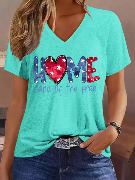 

Women's Home Of The Free Because Of The Brave 4th Of July V Neck Cotton-Blend Casual T-Shirt, Green, T-shirts
