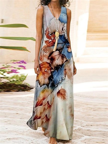 

Casual Loose V Neck Maple Leaf Dress, Khaki, Dresses