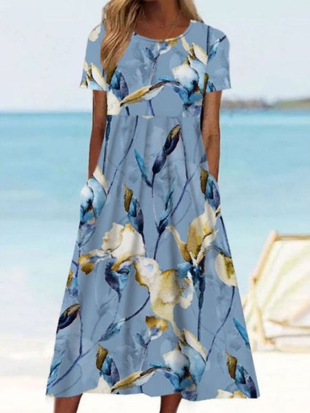 

Casual Crew Neck Floral Dress, Blue, Dresses