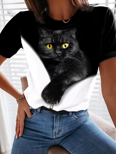 

Casual Crew Neck Loose Cat T-Shirt, Black-white, T-Shirts