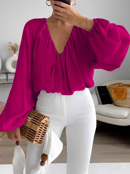 

V Neck Elegant Loosen Long Sleeve Plain Blouse, Deep pink, Blouses and Shirts