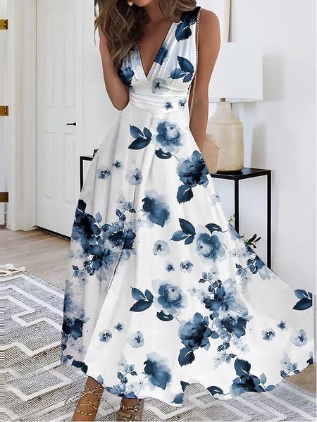 

Floral V Neck Casual Dress, White, Dresses