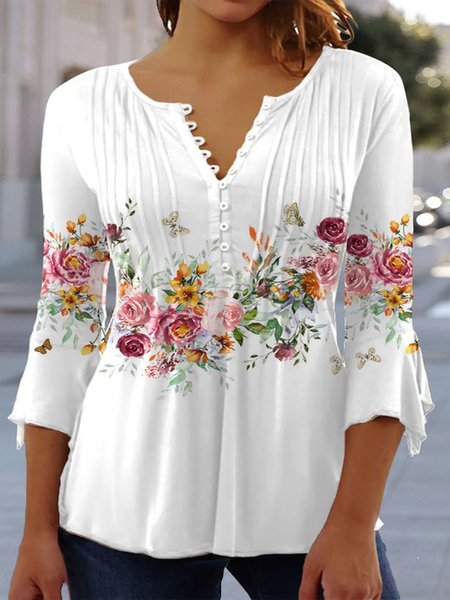 

Plus Size Floral Buckle Notched Casual Loose Three Quarter Shirt, White, Shirts & Blouses
