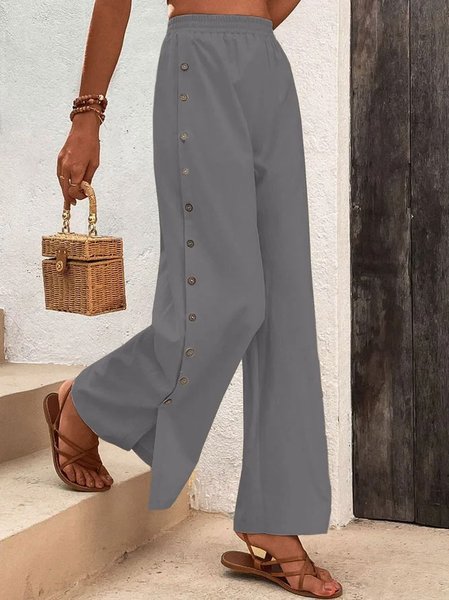

Women Casual Plain Button Detail Split Hem Loose Elastic Waist Wide Leg Pants, Gray, Pants