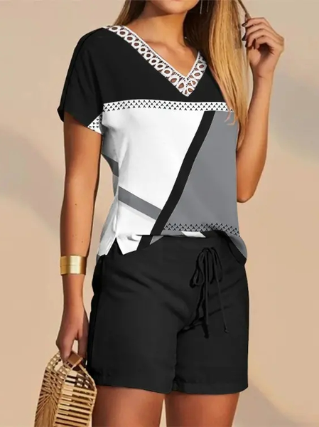 Casual V Neck Color Block Two-Piece Set, Black-white, Suit Set