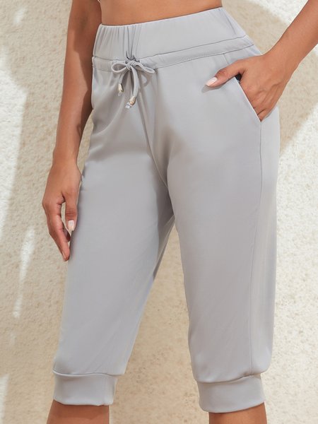 

Plain Drawstring Casual Pants, Gray, Pants