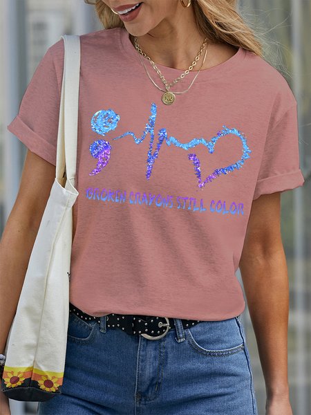 

Women's Health Matters Broken Crayons Still Color Graphic Printing Cotton Casual Crew Neck Loose T-Shirt, Pink, T-shirts