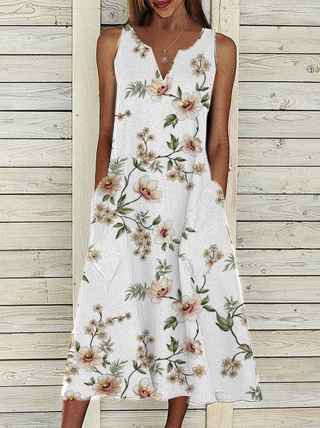 

Country Casual Floral Notched Neck Cotton Linen Dress, White, Dresses