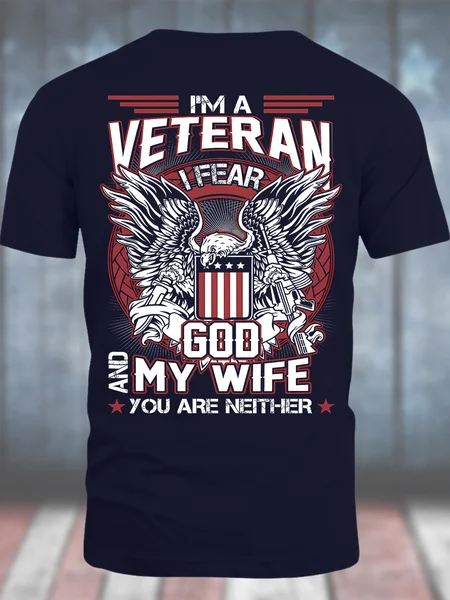 

Men's Funny I Am A Veteran I Fear God And My Wife You Are Neither Graphic Printing 4th Of July Cotton Crew Neck Casual Loose T-Shirt, Purplish blue, T-shirts