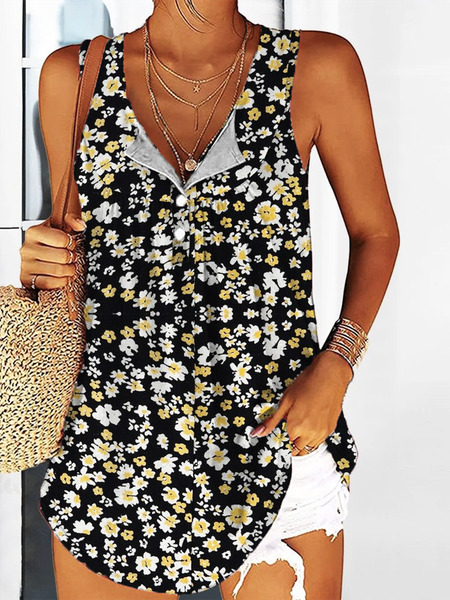 

Casual Buckle Floral Tank Top, Black, Tanks & Camis