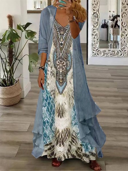 

Elegant V Neck Ethnic Two-Piece Set, Blue, Suit Set