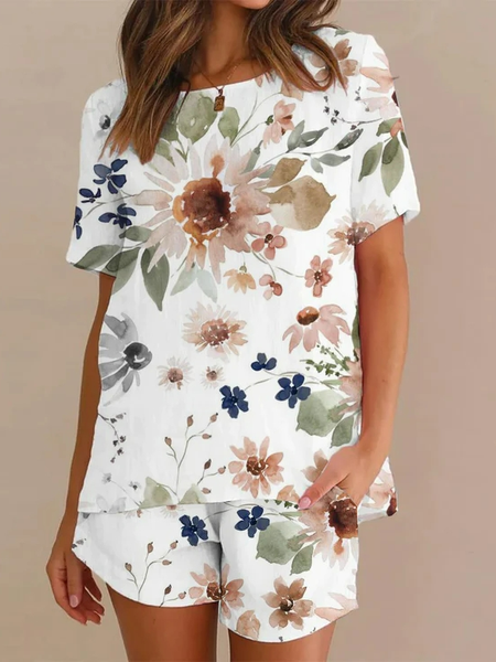 

Loose Casual Floral Two-Piece Set, White, Suit Set