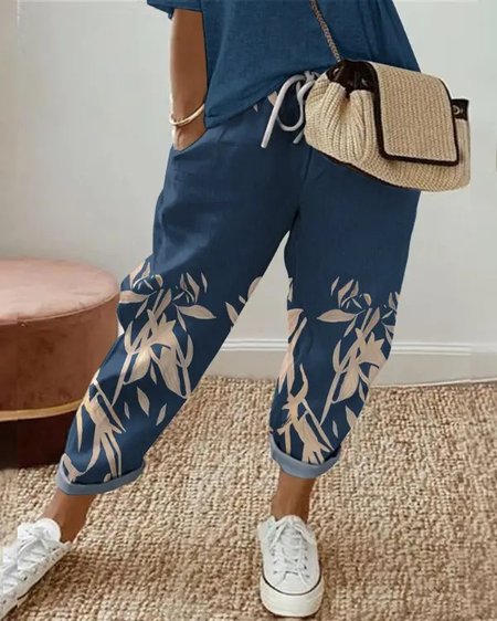 

Loose Floral Casual Pants, Dark blue, Pants