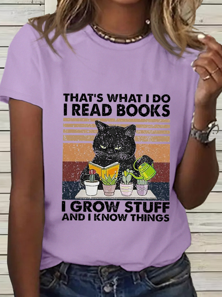 

Women's Black Cat That’s What I Do I Read Books I Grow Stuff And I Know Things Vintage Cotton T-Shirt, Purple, T-shirts