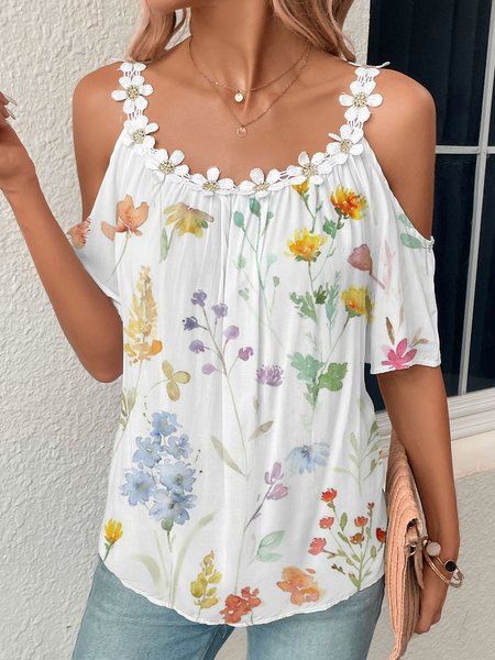 

Lace Floral Crew Neck Casual Shirt, White, Shirts & Blouses