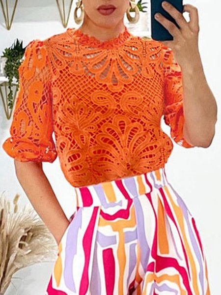 

Plain Regular Fit Stand Collar Vacation Shirt, Orange, Blouses and Shirts