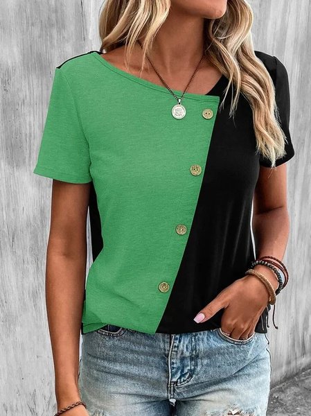 

Casual V Neck Two Tone Button Front Color Block T-Shirt, Lightgreen, T-Shirts
