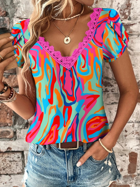 

V Neck Abstract Casual Loose Shirt, Rose red, Shirts & Blouses