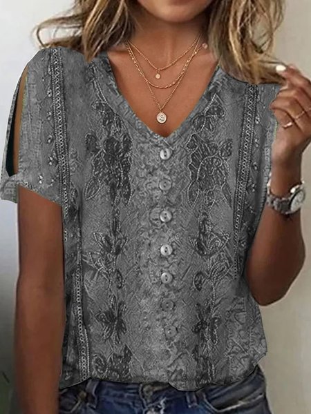 

Plus Size Loose V Neck Casual Floral Shirt, Gray, Shirts & Blouses