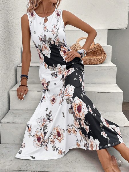 

Womnes Sleeveless Crew Neck Casual Dress, White, Dresses