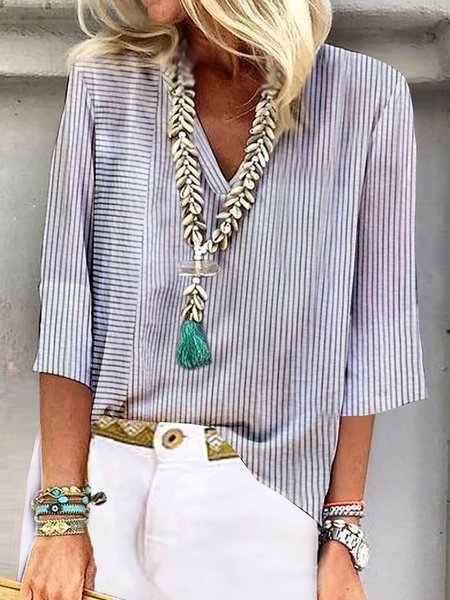 

Loose Casual Striped Printed V Neck Blouse, White, Blouses & Shirts