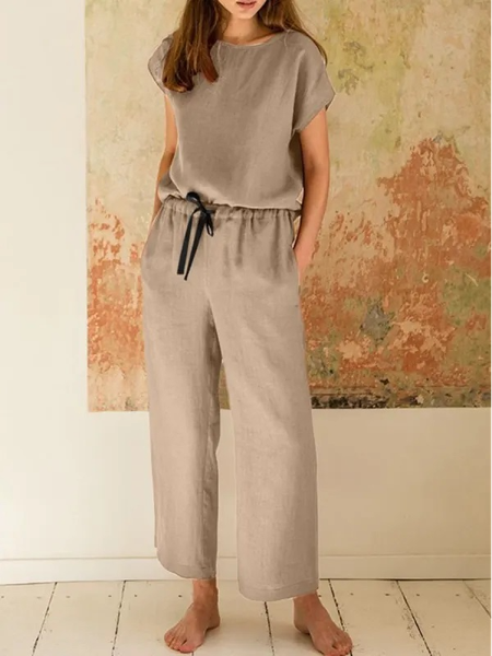 

Plain Casual Loose Two-Piece Set, Apricot, Suit Set