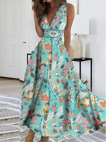 

V Neck Loose Vintage Ethnic Dress, Cyan, Dresses