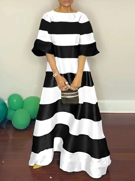 

Elegant Crew Neck Regular Fit Striped Dress, Black, Maxi Dresses