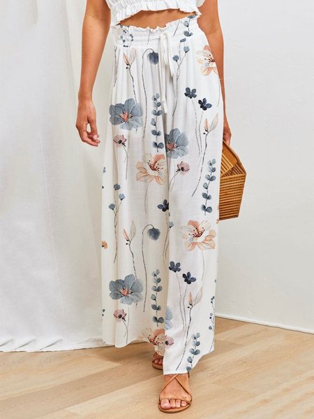 

Country Casual Floral Loose Elastic Waist Wide-Leg Pants, White, Pants