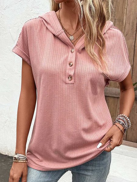 

Hoodie Buttoned Casual Plain Shirt, Dark pink, Shirts & Blouses