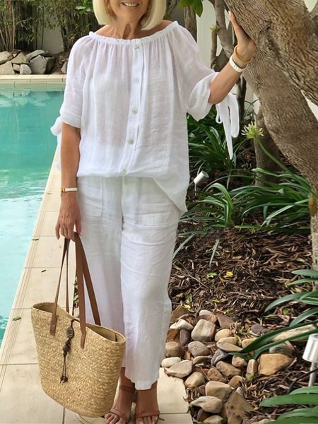 

Cotton Plain Crew Neck Casual Two-Piece Set, White, Suit Set