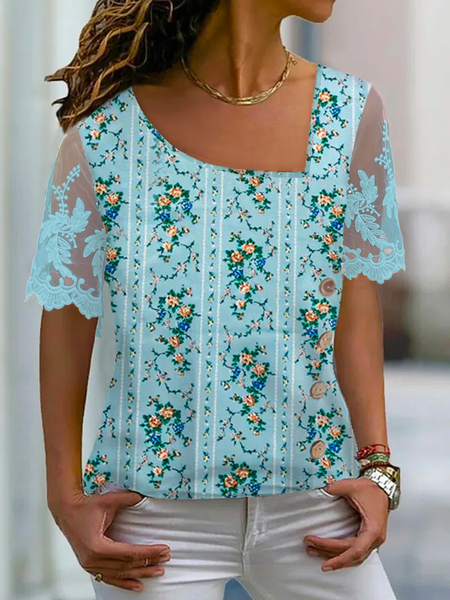 

Loose Casual Asymmetrical Floral Shirt, Blue, Shirts & Blouses