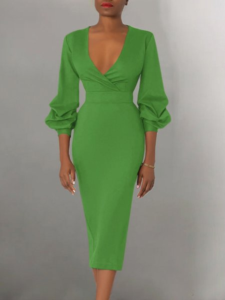 

V Neck Elegant Plain Regular Fit Dress, Green, Midi Dresses