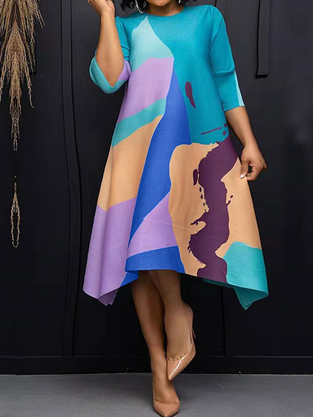 

Crew Neck Short sleeve Loose Urban Abstract Midi Dress, As picture, Midi Dresses