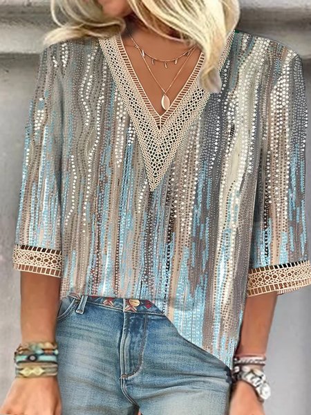 

Plus size V Neck Lace Vacation Loose Shirt, Blue, Shirts & Blouses