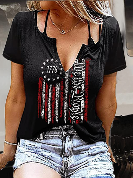 

Women's Loose Cotton-Blend America Flag Casual T-Shirt, Black, T-shirts