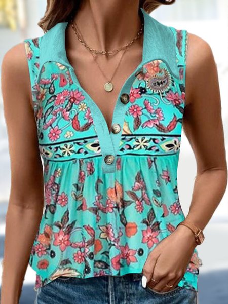 

Floral Casual Shirt Collar Regular Fit Tank Top, Green, Tanks & Camis