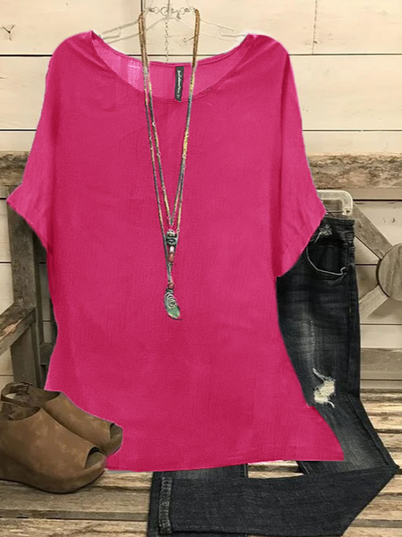 

Women's Shirt Blouse Linen Plain Weekend Dolman Sleeve Short Sleeve Vintage Streetwear Holiday Crew Neck Regular Fit Summer Spring, Pink, Tunics
