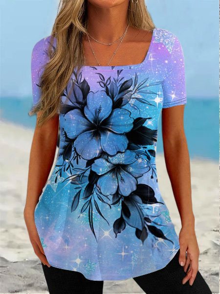 

Country Casual Floral Square Neck Knit T-Shirt, Blue, T-Shirts