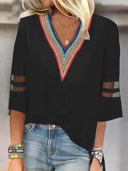 

Loose V Neck Casual Plain Shirt, Black, Shirts & Blouses