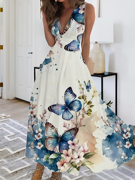 

Elegant Butterfly Positioning Print High Elastic Sleeveless Dress, Blue, Dresses