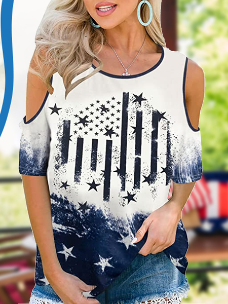 

Women's 4th of July Casual Cotton-Blend America Flag Cold Shoulder T-Shirt, Blue, T-shirts